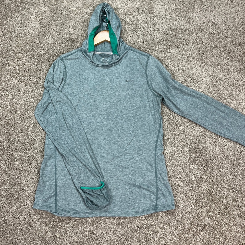 Nike Hoodie Womens Medium Gray Teal Heathered Thumbhole Pocket Pullover Dri-FIT